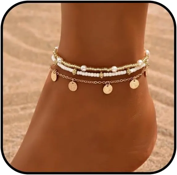 Shell Ankle Bracelets for Women Boho Gold Pearl Starfish Necklace Adjustable Beaded Puka Shell Anklet Hawaiian Summer Beach Jewelry