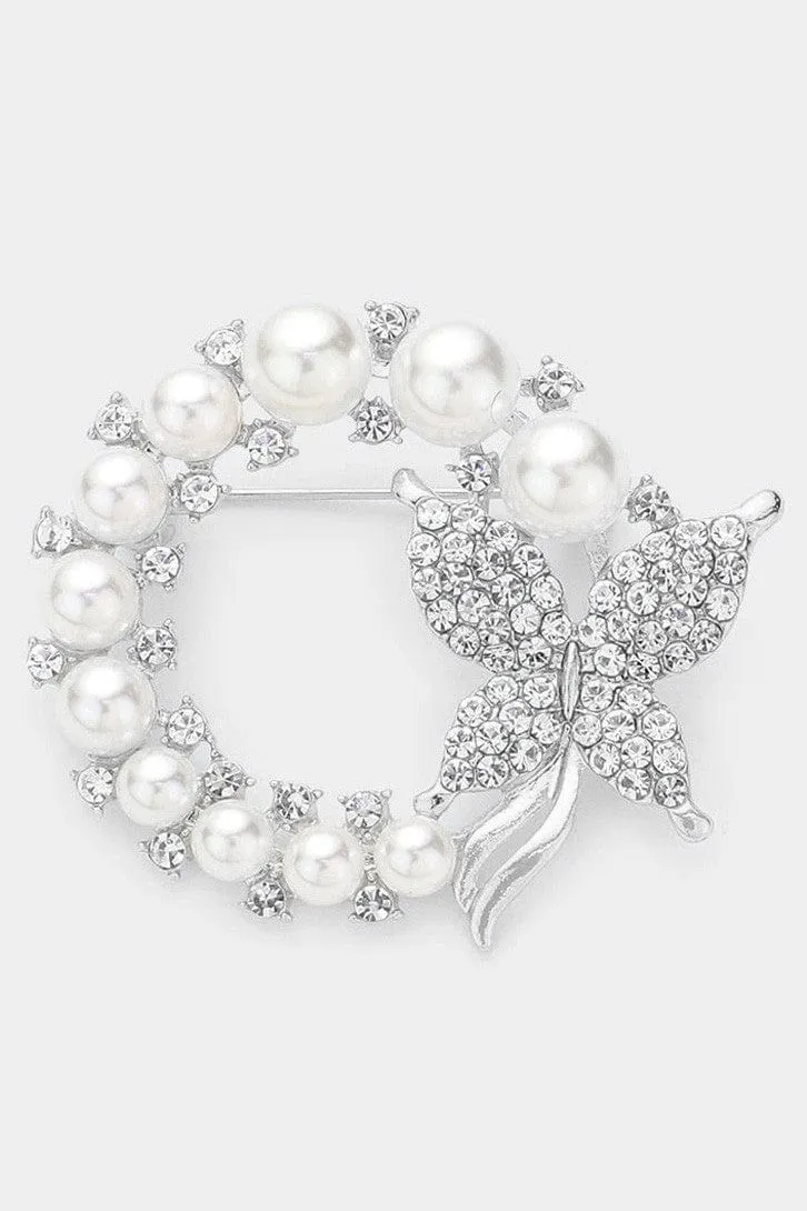 Silver Butterfly Pearl Open Circle Pin Brooch