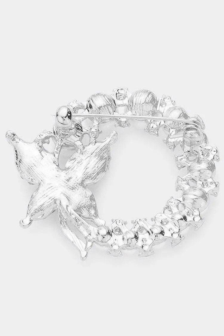 Silver Butterfly Pearl Open Circle Pin Brooch