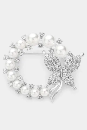 Silver Butterfly Pearl Open Circle Pin Brooch