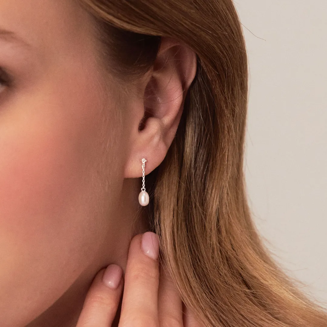 Silver Diamond Style Pearl Drop Stud Earrings