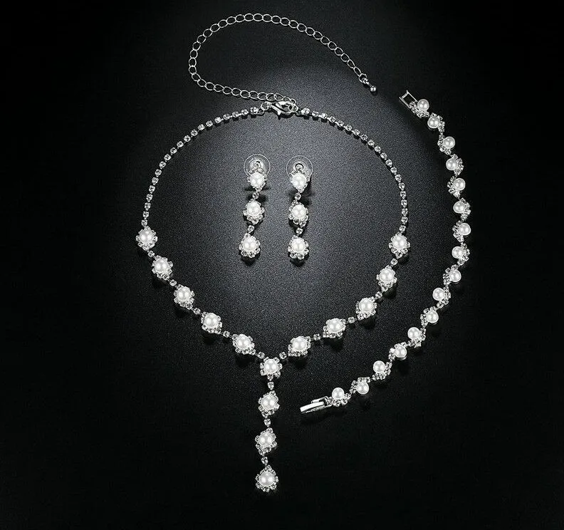 Silver Pearl & Crystal Necklace, Earrings & Bracelet Set