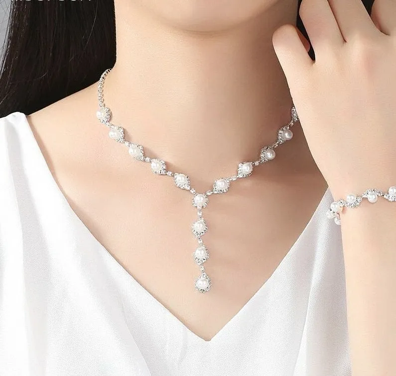 Silver Pearl & Crystal Necklace, Earrings & Bracelet Set