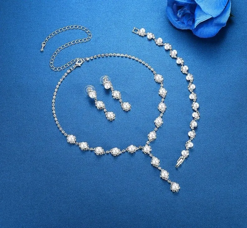 Silver Pearl & Crystal Necklace, Earrings & Bracelet Set