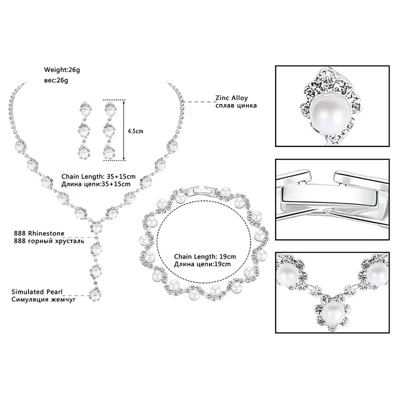 Silver Pearl & Crystal Necklace, Earrings & Bracelet Set