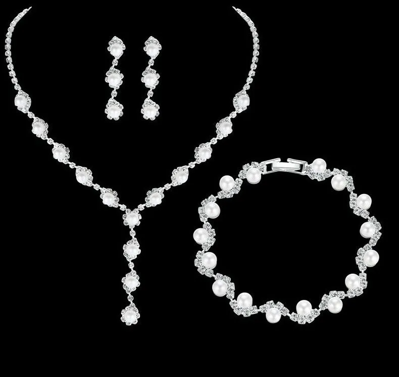 Silver Pearl & Crystal Necklace, Earrings & Bracelet Set