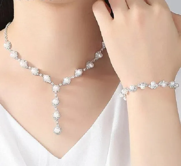 Silver Pearl & Crystal Necklace, Earrings & Bracelet Set