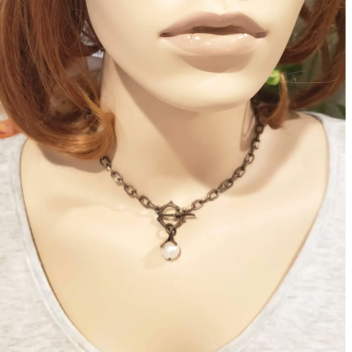 Single Pearl Toggle Front Necklace With Antique Bronze Chain
