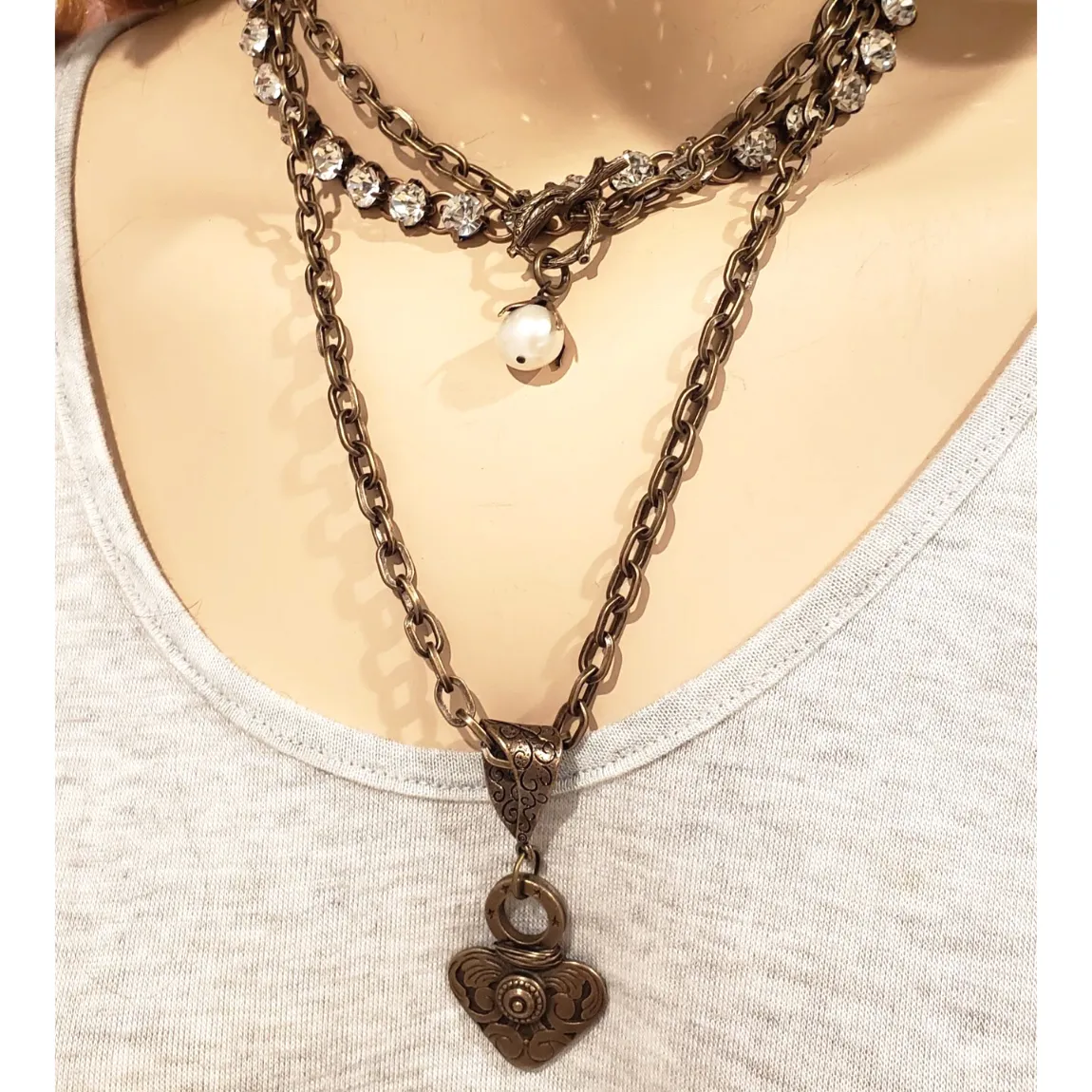 Single Pearl Toggle Front Necklace With Antique Bronze Chain