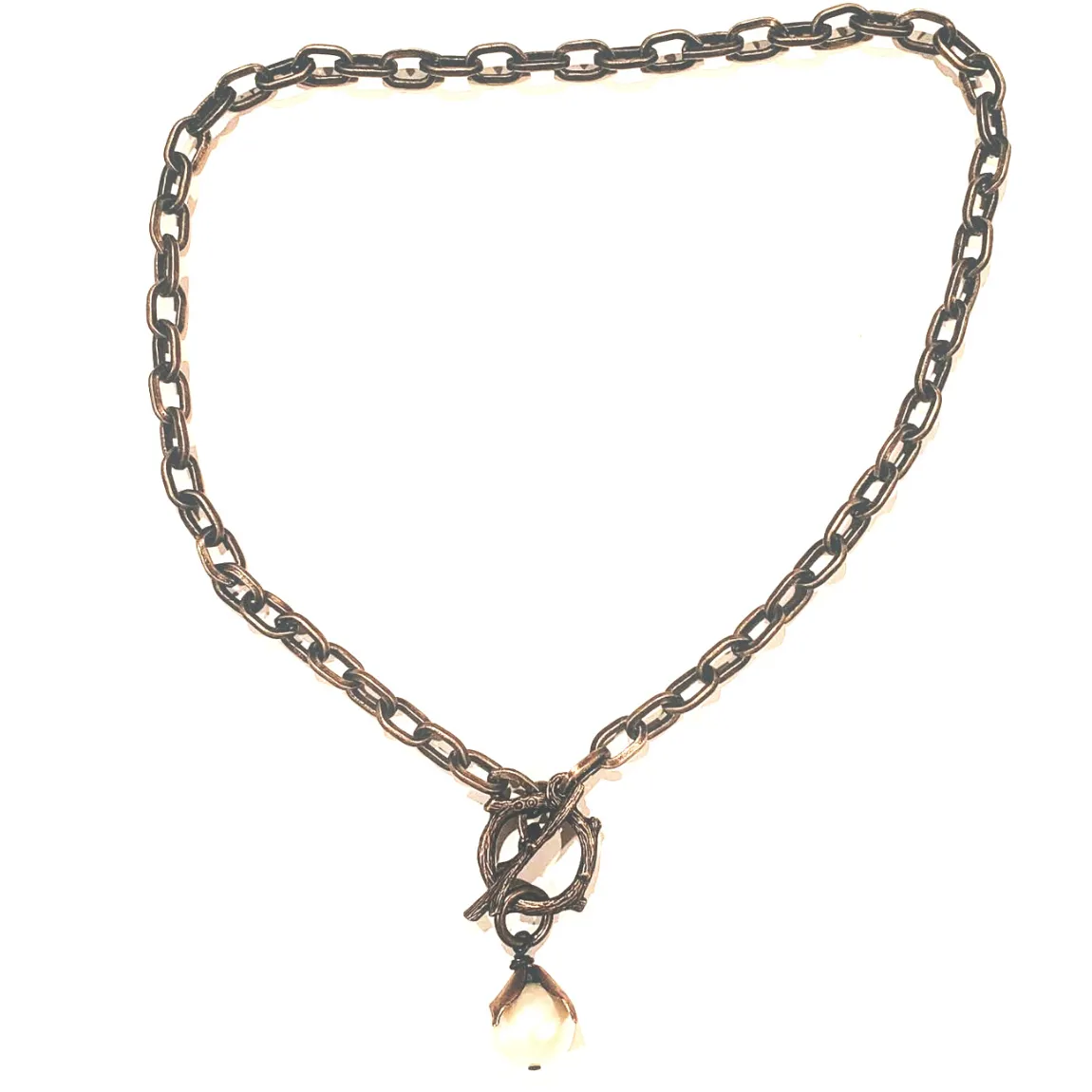 Single Pearl Toggle Front Necklace With Antique Bronze Chain