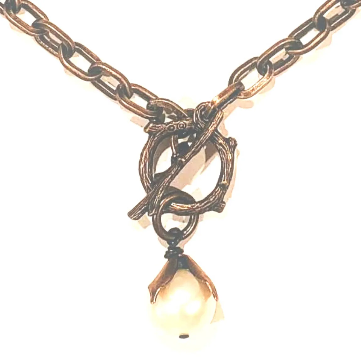 Single Pearl Toggle Front Necklace With Antique Bronze Chain
