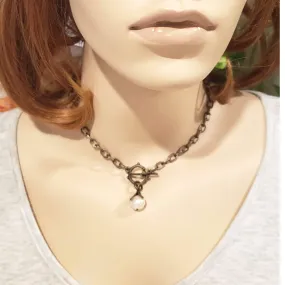Single Pearl Toggle Front Necklace With Antique Bronze Chain