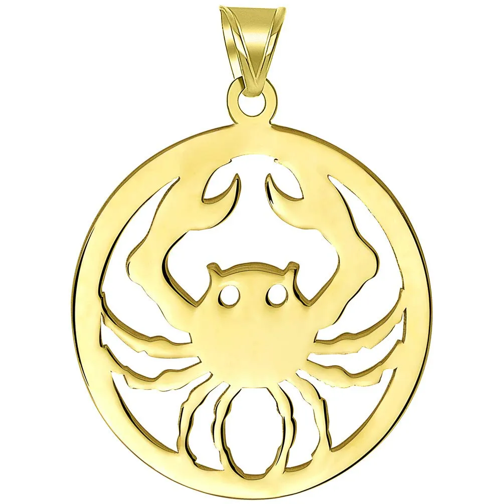 Solid 14k Yellow Gold Round Cancer Zodiac Sign Crab Disc Pendant Necklace