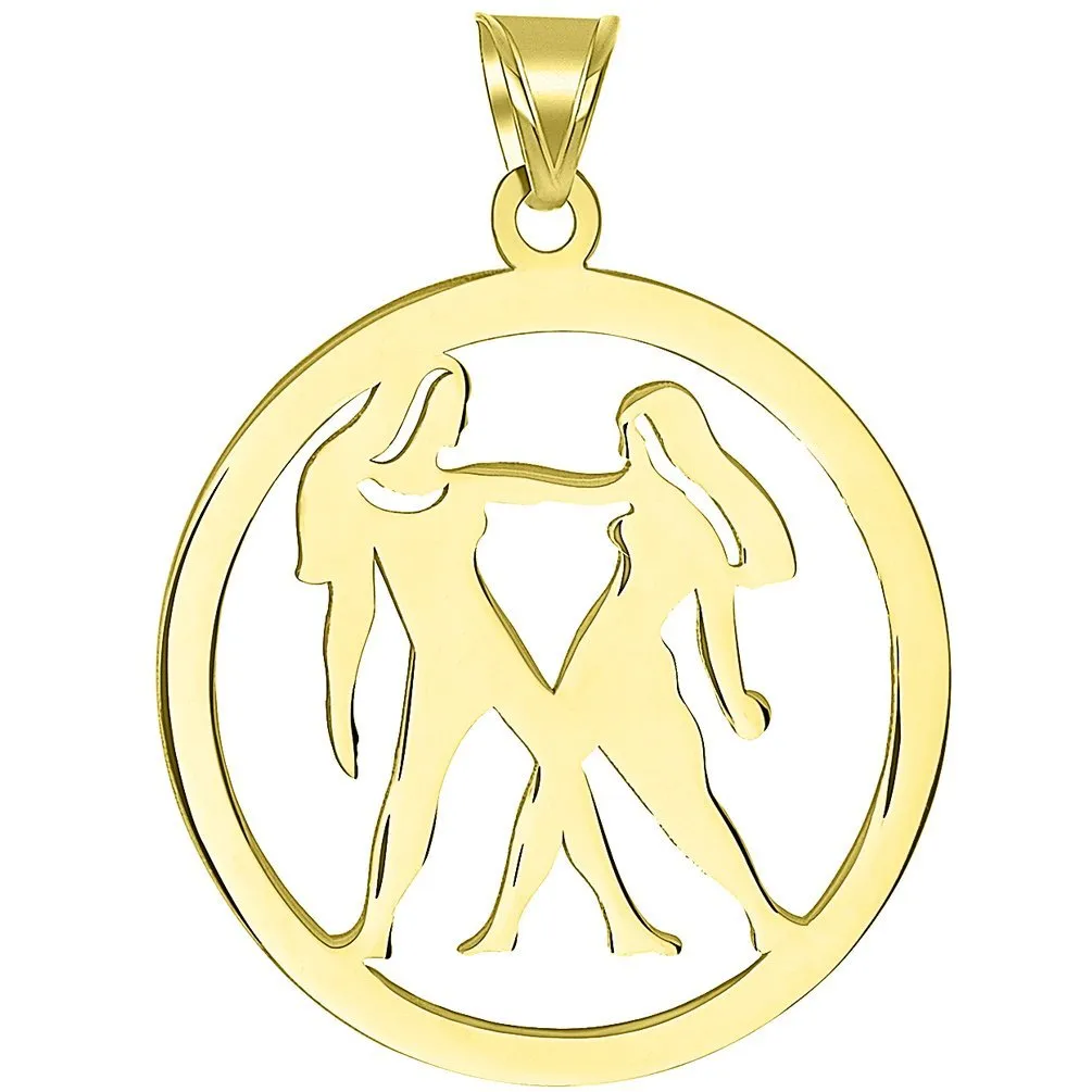 Solid 14k Yellow Gold Round Gemini Twins Zodiac Sign Cut-Out Disc Pendant with Cuban Chain Necklace