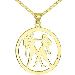 Solid 14k Yellow Gold Round Gemini Twins Zodiac Sign Cut-Out Disc Pendant with Cuban Chain Necklace