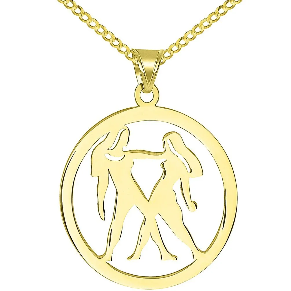 Solid 14k Yellow Gold Round Gemini Twins Zodiac Sign Cut-Out Disc Pendant with Cuban Chain Necklace