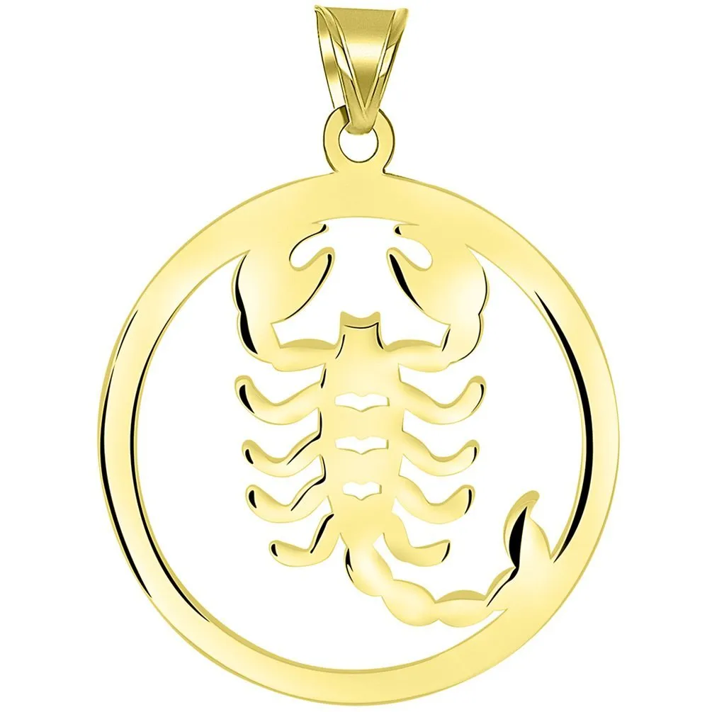 Solid 14k Yellow Gold Round Scorpio Zodiac Symbol Cut-Out Scorpion Pendant with Figaro Chain Necklace