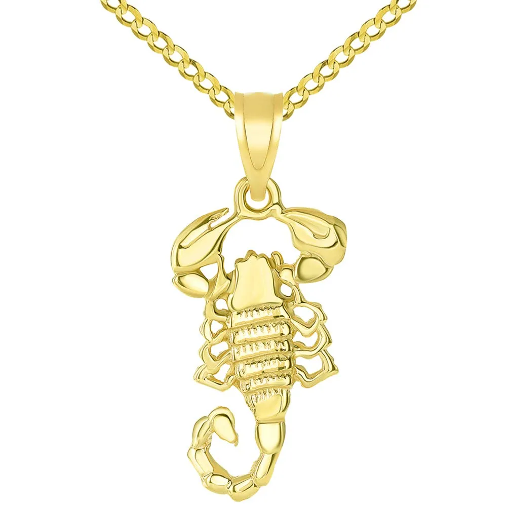 Solid 14k Yellow Gold Textured Scorpion Charm Scorpio Zodiac Pendant with Rolo, Curb, or Figaro Chain Necklaces