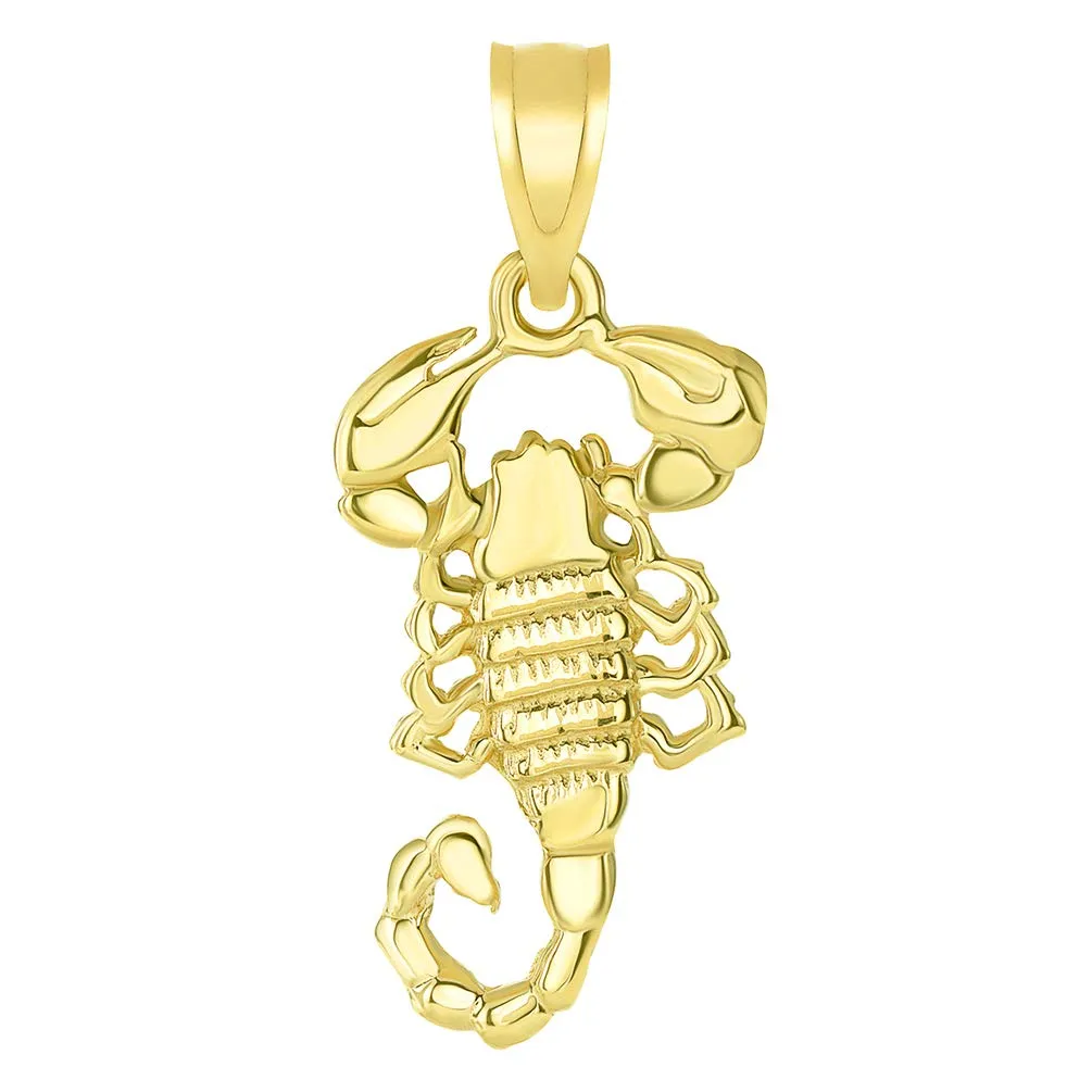 Solid 14k Yellow Gold Textured Scorpion Charm Scorpio Zodiac Pendant with Rolo, Curb, or Figaro Chain Necklaces