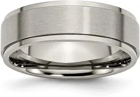 Solid Titanium Ridged Edge 7mm Matte Brushed Finish and Plain Classic Wedding Band Ring Comfort-Fit Size 15