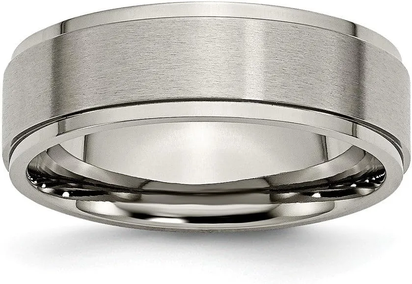 Solid Titanium Ridged Edge 7mm Matte Brushed Finish and Plain Classic Wedding Band Ring Comfort-Fit Size 15