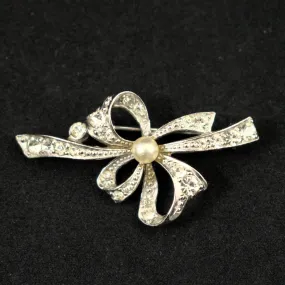 Sparkly Bow & Pearl Vintage Brooch