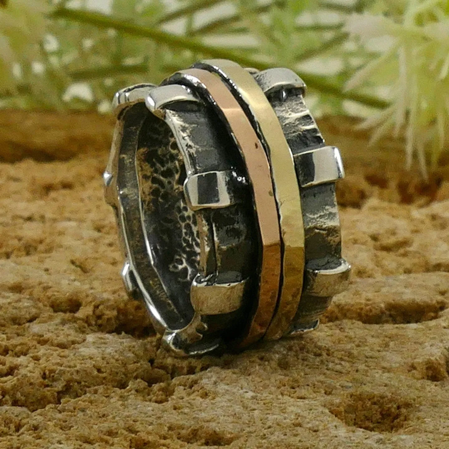 SPIRA Handcrafted Contemporary Design Two Tone Solid 9k Yellow & Rose Gold And 925 Sterling Silver Spinner Ring, Gypsy ring, Bohemian ring