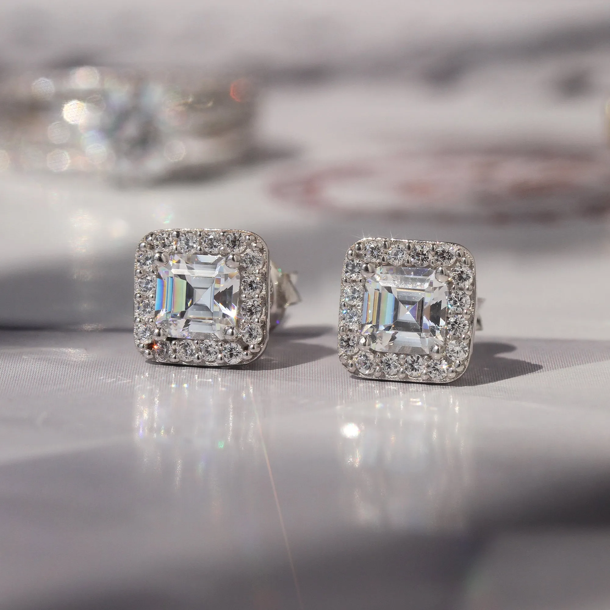 Sterling Silver Asscher Halo Vintage Stud Earrings