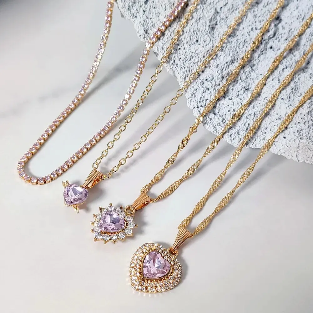 Stylish Multi-layer Pink Heart Crystal Pendant Necklaces