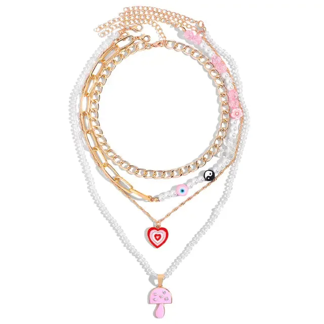 Stylish Multi-layer Pink Heart Crystal Pendant Necklaces