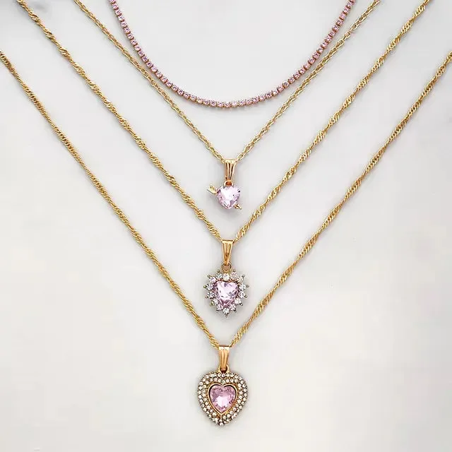 Stylish Multi-layer Pink Heart Crystal Pendant Necklaces