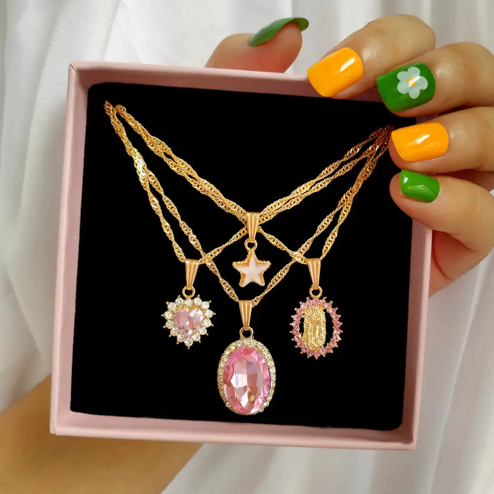 Stylish Multi-layer Pink Heart Crystal Pendant Necklaces