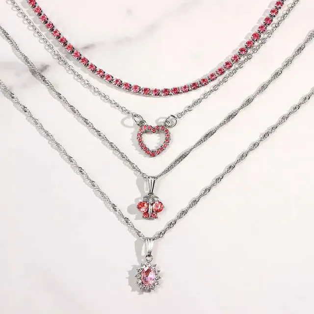 Stylish Multi-layer Pink Heart Crystal Pendant Necklaces