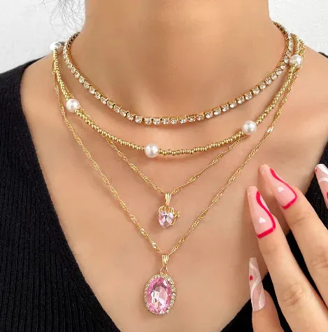 Stylish Multi-layer Pink Heart Crystal Pendant Necklaces