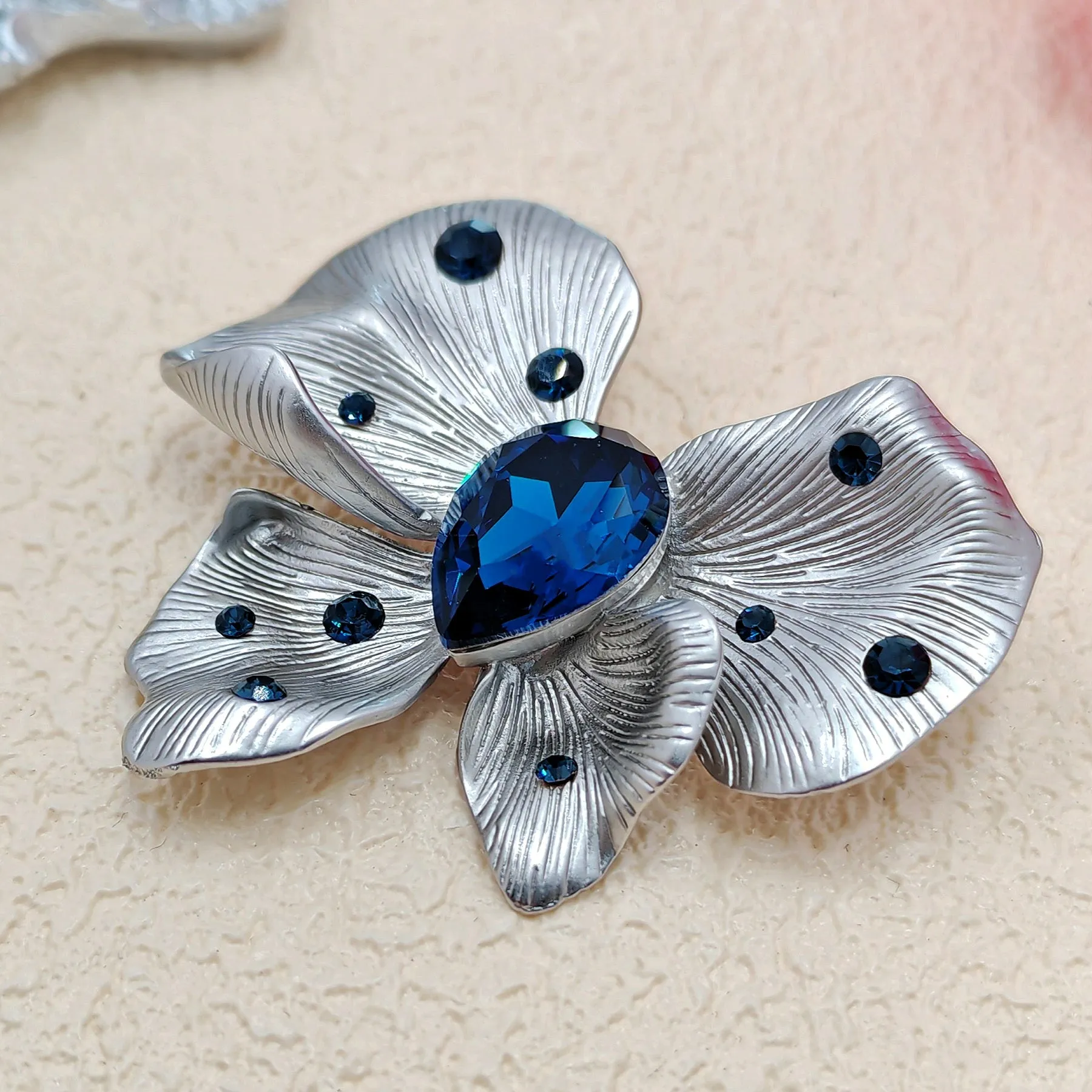 Stylish Vintage Silver Metallic and Blue Butterfly Brooch Pin Designer Jewelry
