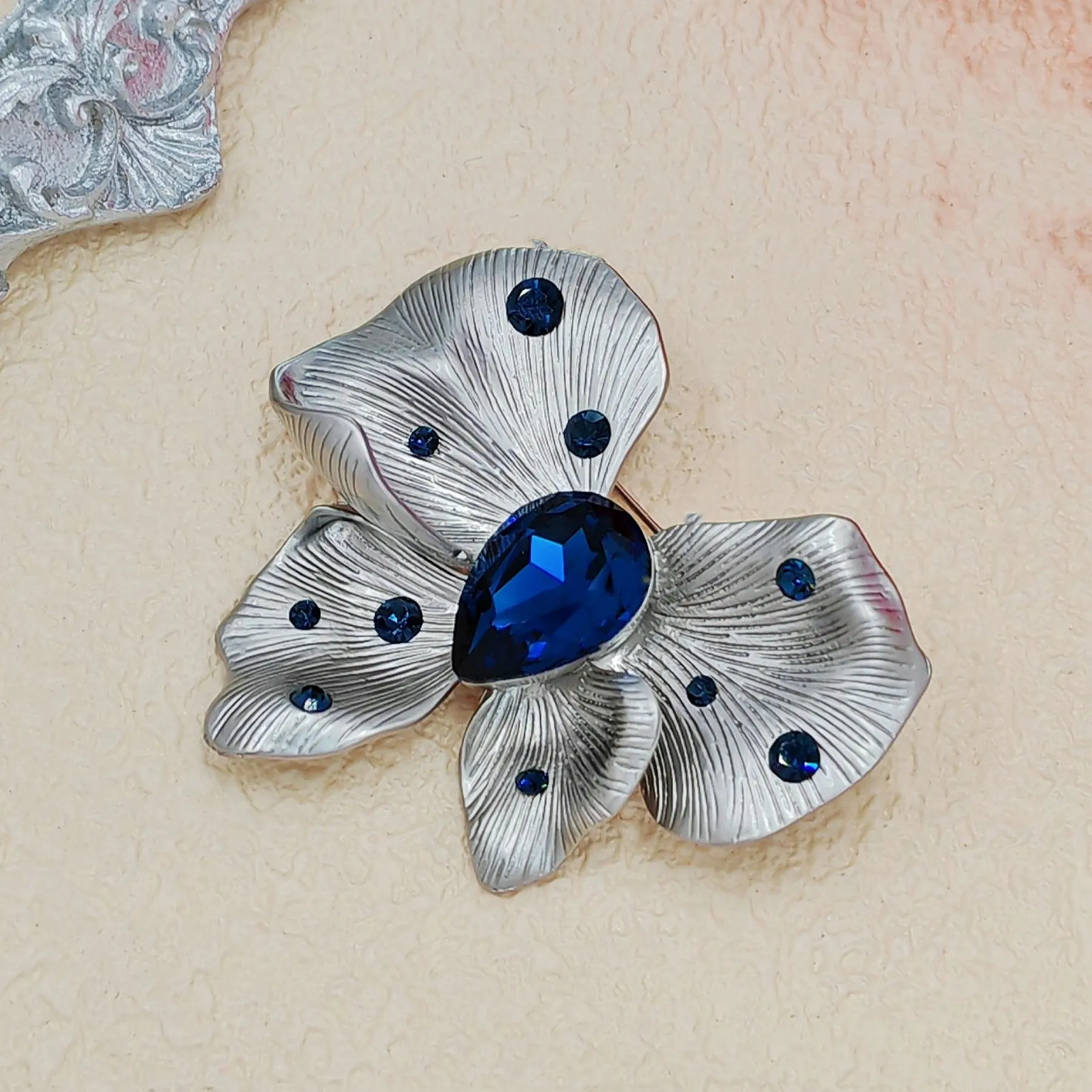 Stylish Vintage Silver Metallic and Blue Butterfly Brooch Pin Designer Jewelry