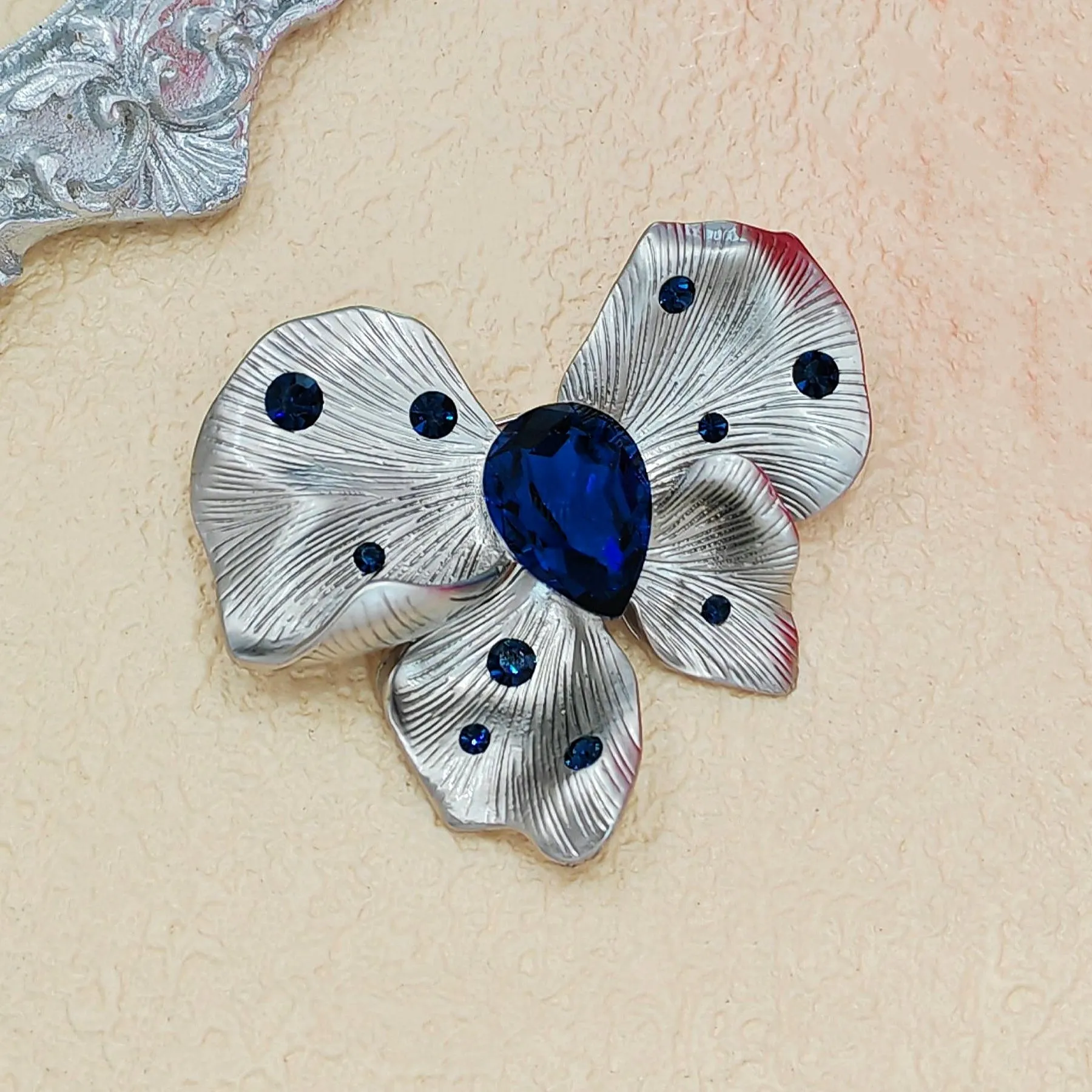 Stylish Vintage Silver Metallic and Blue Butterfly Brooch Pin Designer Jewelry