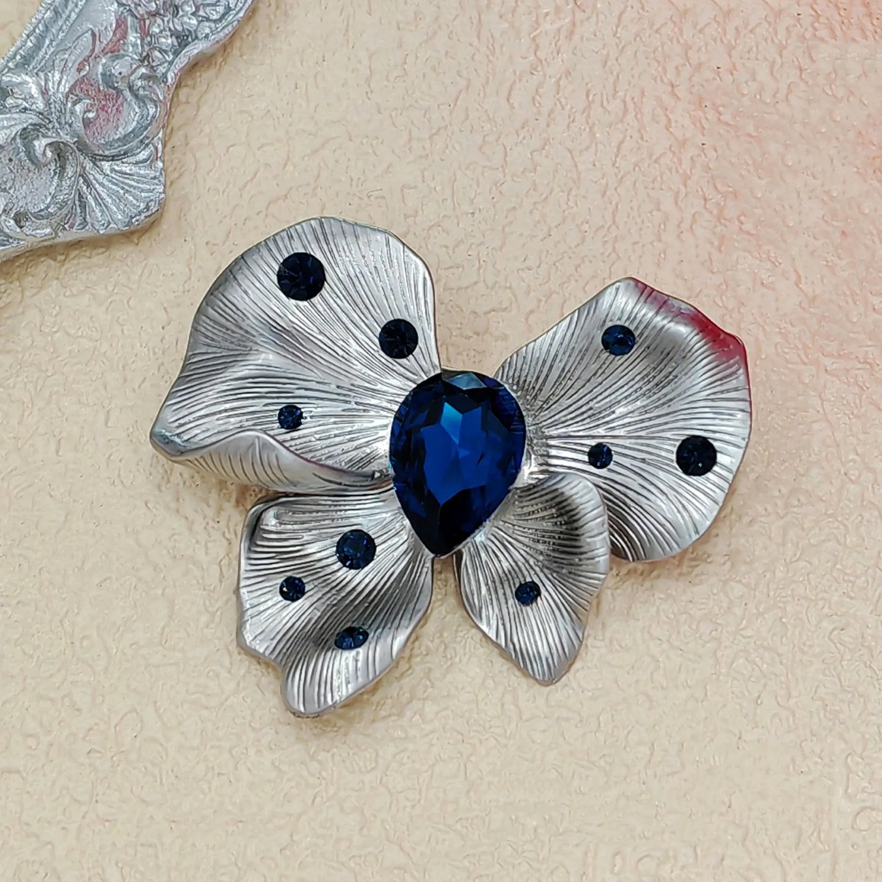 Stylish Vintage Silver Metallic and Blue Butterfly Brooch Pin Designer Jewelry