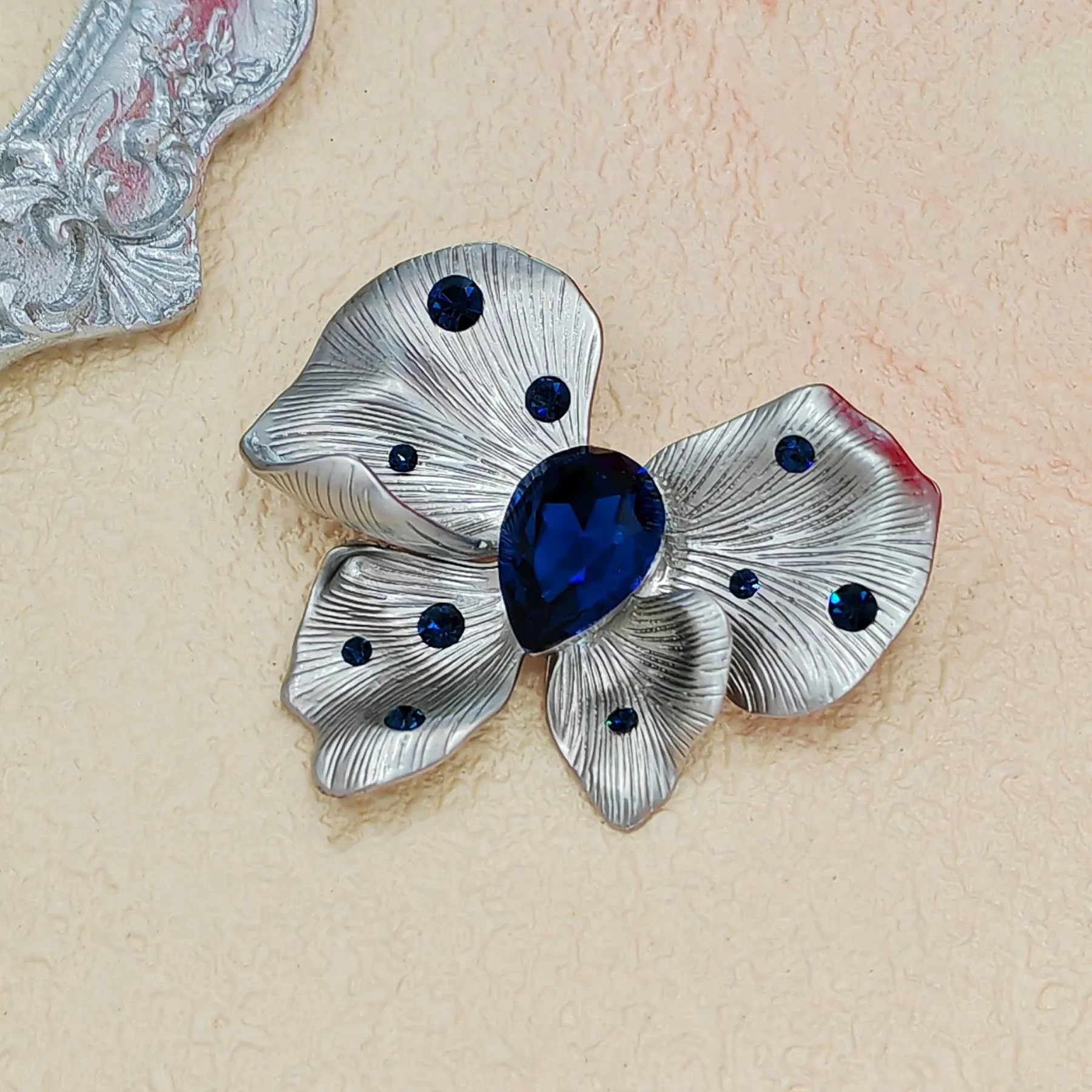 Stylish Vintage Silver Metallic and Blue Butterfly Brooch Pin Designer Jewelry
