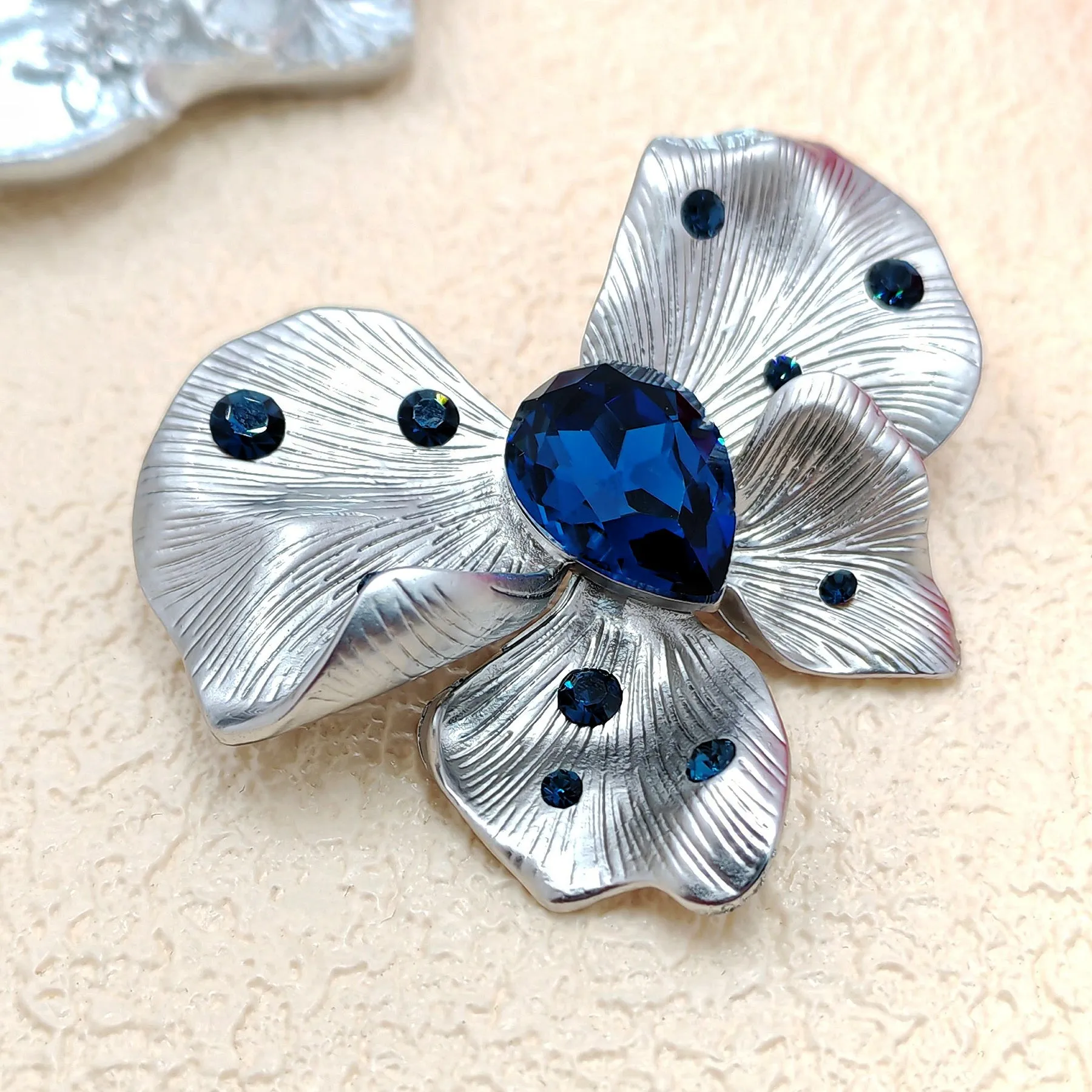 Stylish Vintage Silver Metallic and Blue Butterfly Brooch Pin Designer Jewelry