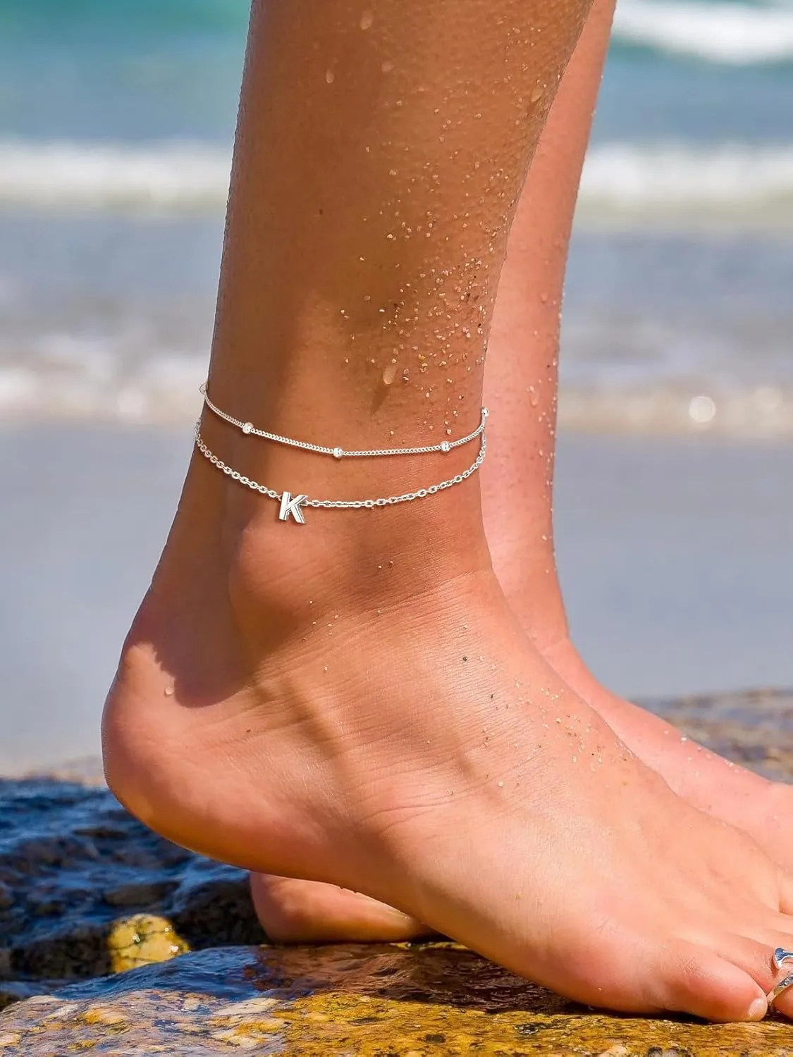 Suplight Sterling Silver Anklets Bracelets for Women Layered Dainty Foot Chain Intial AnkletS With Beaded Anklets for Women Beach Waterproof Jewelry(With Gift Box)