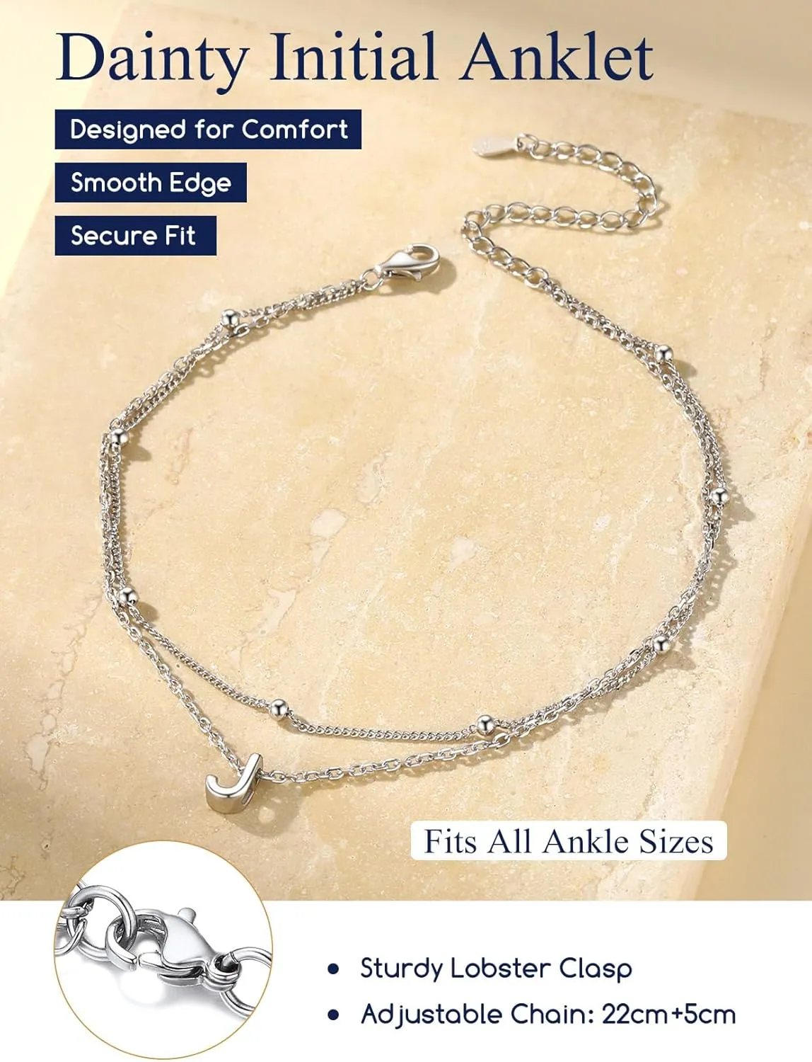 Suplight Sterling Silver Anklets Bracelets for Women Layered Dainty Foot Chain Intial AnkletS With Beaded Anklets for Women Beach Waterproof Jewelry(With Gift Box)