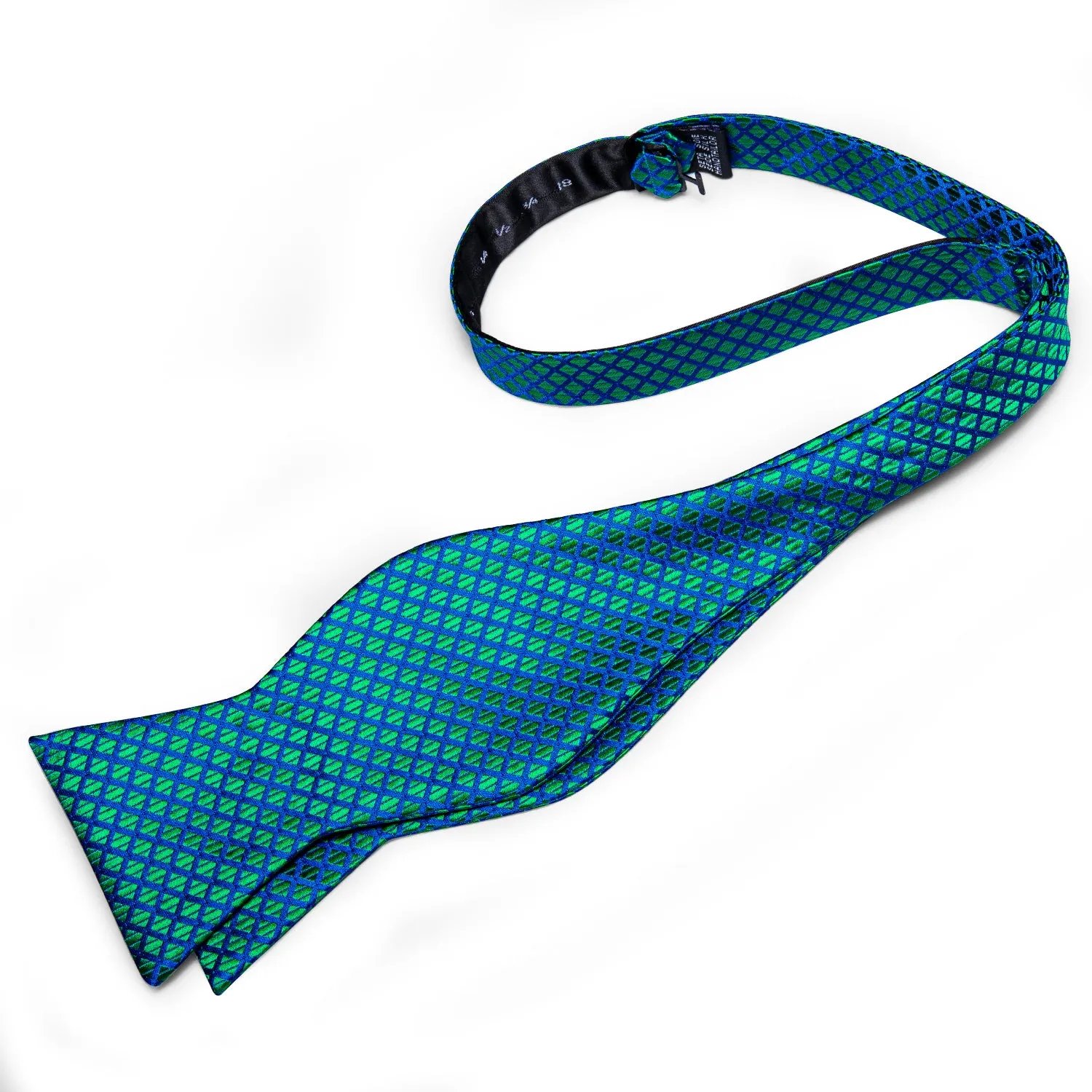 Teal Blue Grid Plaid Self-Bowtie Pocket Sqaure Cufflinks Set