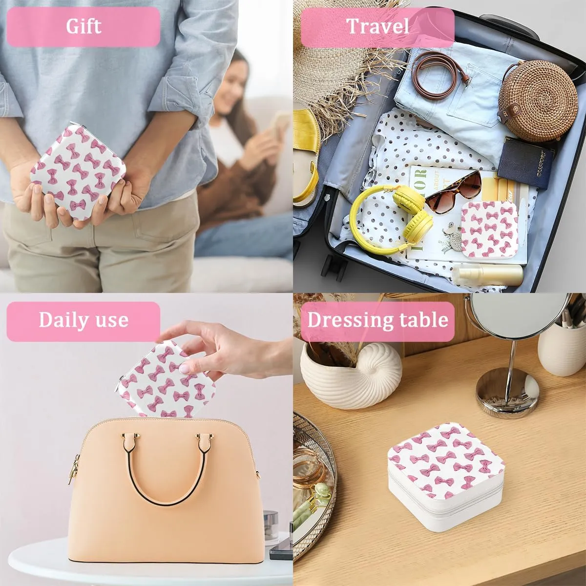 Travel Jewelry Box Pink Bow Ties Jewelry Case Small Jewelry Holder Oganizer with Mirror Earring Organizer Boxes Travel Essentials Gifts
