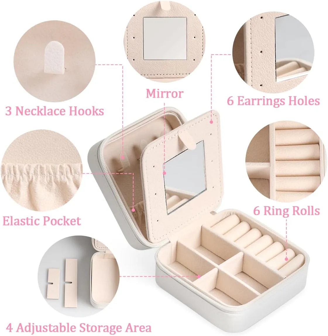 Travel Jewelry Box Pink Bow Ties Jewelry Case Small Jewelry Holder Oganizer with Mirror Earring Organizer Boxes Travel Essentials Gifts