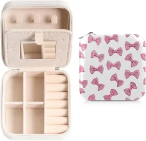 Travel Jewelry Box Pink Bow Ties Jewelry Case Small Jewelry Holder Oganizer with Mirror Earring Organizer Boxes Travel Essentials Gifts