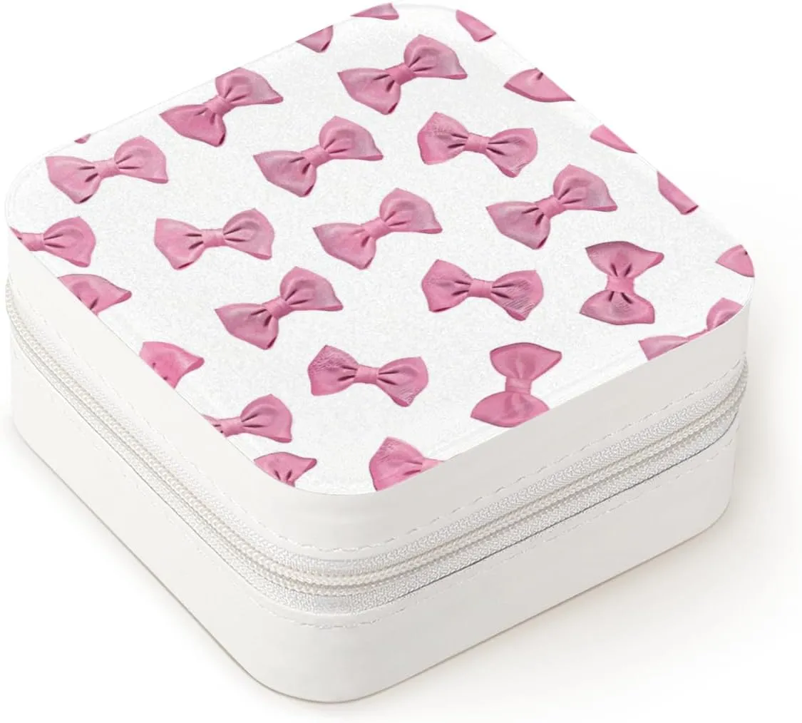 Travel Jewelry Box Pink Bow Ties Jewelry Case Small Jewelry Holder Oganizer with Mirror Earring Organizer Boxes Travel Essentials Gifts