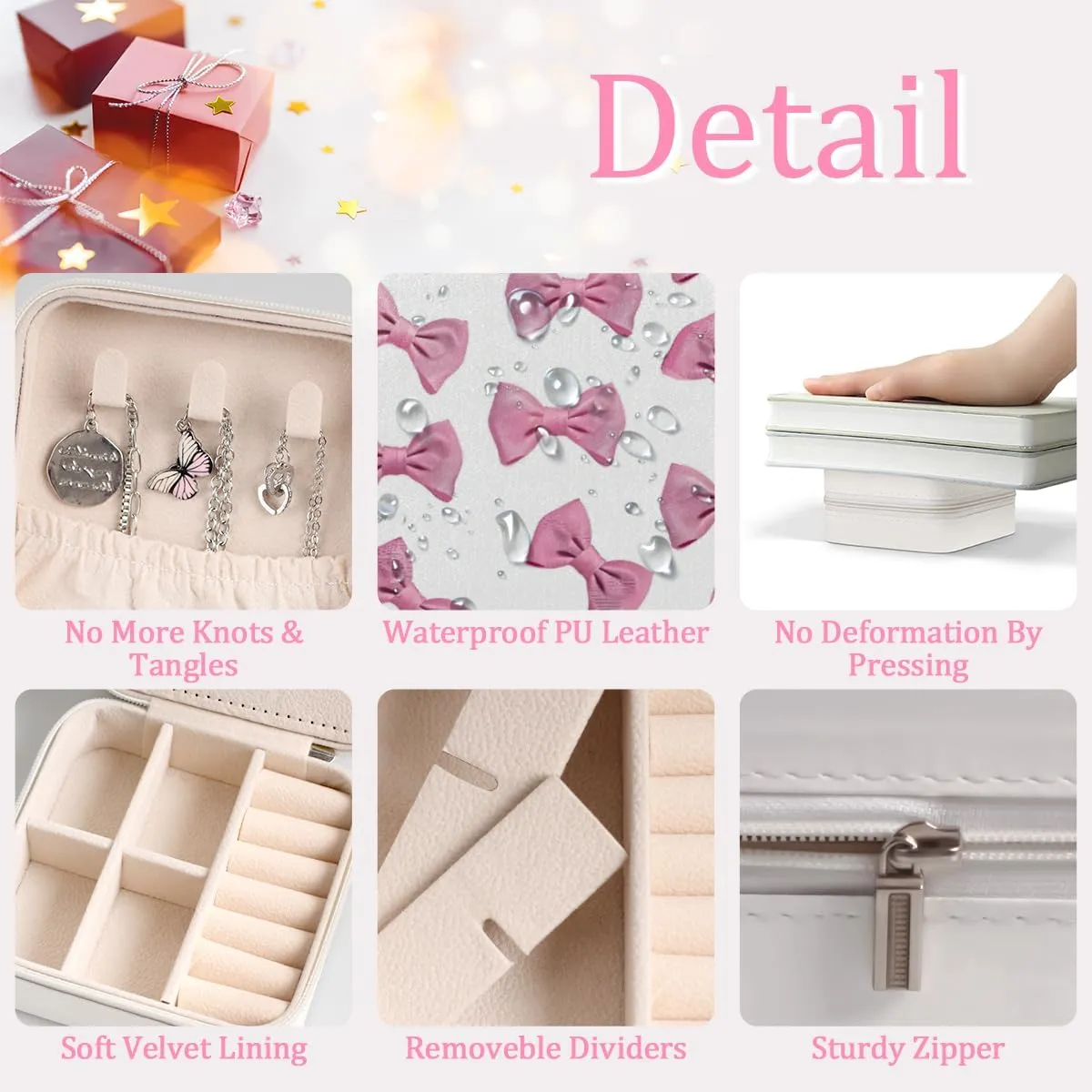 Travel Jewelry Box Pink Bow Ties Jewelry Case Small Jewelry Holder Oganizer with Mirror Earring Organizer Boxes Travel Essentials Gifts