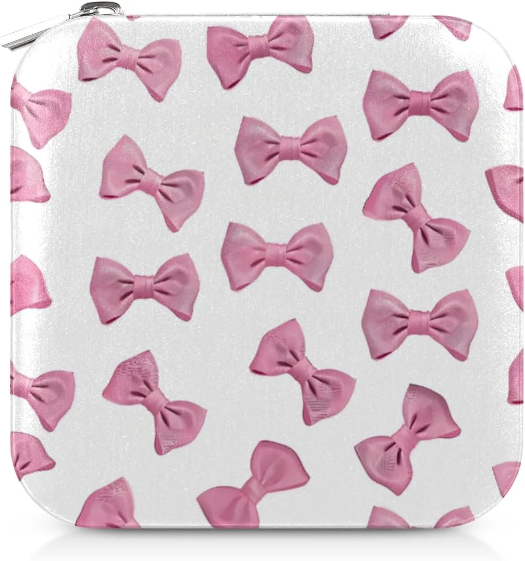 Travel Jewelry Box Pink Bow Ties Jewelry Case Small Jewelry Holder Oganizer with Mirror Earring Organizer Boxes Travel Essentials Gifts