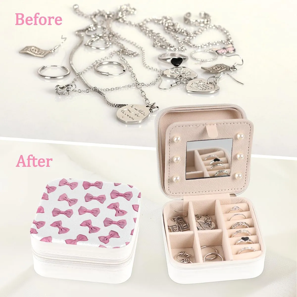 Travel Jewelry Box Pink Bow Ties Jewelry Case Small Jewelry Holder Oganizer with Mirror Earring Organizer Boxes Travel Essentials Gifts